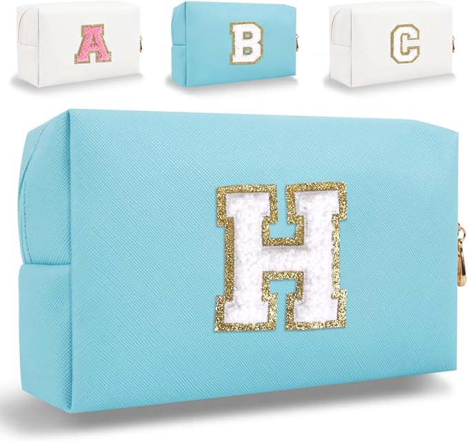 Small Personalized Letter Makeup Bag, Cute PU Leather Chenille Letters Cosmetic Bag Travel Makeup Pouch, Preppy Travel Organizer Zipper Pouch for Women&Girls（Blue-H）