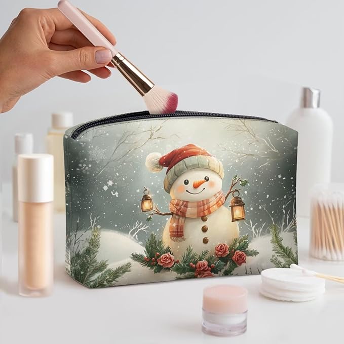 COEQINE Makeup Pouch For Purse Leather Snowman Purses for Women Travel Vintage Floral Cosmetic Bag Portable Travel Storage Toiletry Bag for Womens Holiday Christmas Birthday Gifts