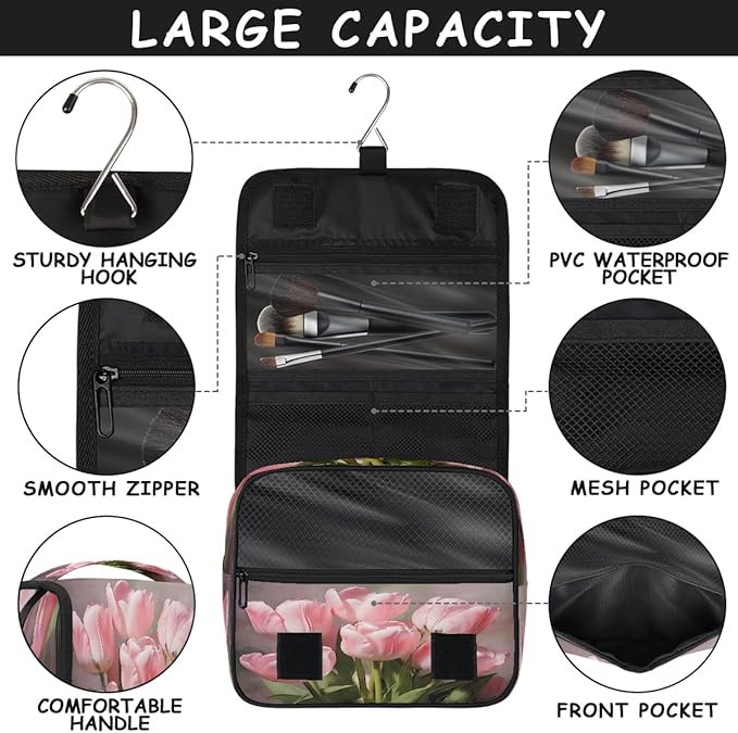 Travel Toiletry Bag for Women & Men Pink Flower Tulip Hanging Cosmetic Organizer Portable Waterproof Makeup Case Make Up Bag with Compartments Travel Essentials for Bathroom Shower