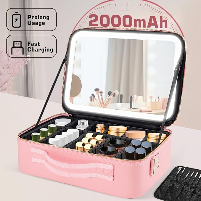 15''X11'' Large Capacity Makeup Bag with LED Mirror, Professional Makeup Case Organizer with 3 Color Light Adjustable Brightness, Travel Make up Cosmetic Case with Detachable Dividers & Shoulder Strap