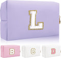 Personalized Initial Letter Patch Makeup Bag, Preppy Small Chenille Letter Cosmetic Bag with Zipper, PU Leather Waterproof Travel Toiletry Bag Monogram Make Up Pouch for Women Girls(Letter L)