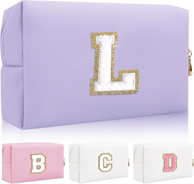 Personalized Initial Letter Patch Makeup Bag, Preppy Small Chenille Letter Cosmetic Bag with Zipper, PU Leather Waterproof Travel Toiletry Bag Monogram Make Up Pouch for Women Girls(Letter L)