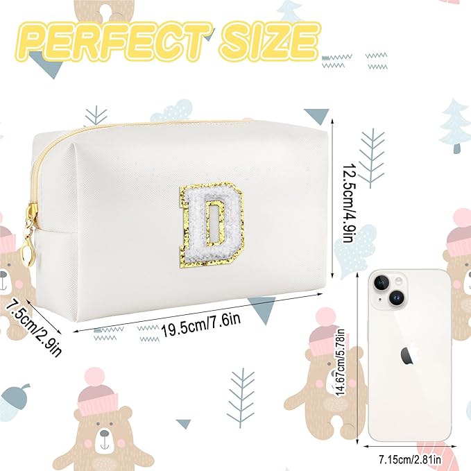 Gifts for Girls Initial Makeup Bag Personalized Cosmetic Bag with Zipper Cute Travel Toiletry Bags Waterproof PU Preppy Makeup Pouch Birthday Gift for Teen Girls Women(White D)