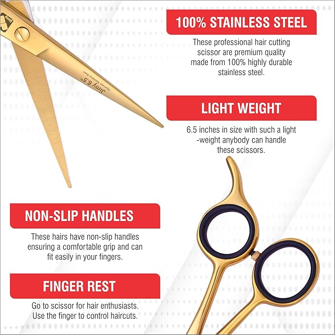 Jimy 6.5" Hair Scissors Professional – Ultra Sharp Razor Edge Stainless-Steel Scissors to Cut Hair – Ergonomic Design Salon Quality Hair Shears for Men, Women & Barbers