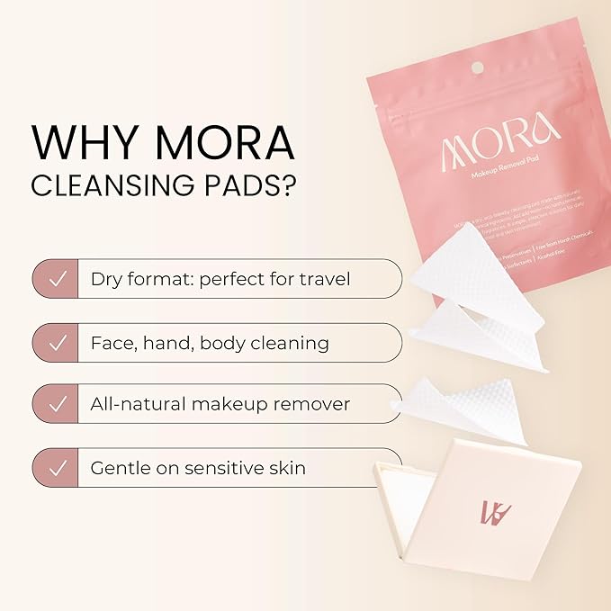 MORA Skincare Water-Activated Cleansing Pads - Alcohol-Free Botanical Makeup Remover - Hand, Body, Face Pads for Women and Men - Portable - Safe for Sensitive Skin - 30 Count