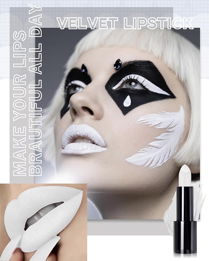 White Lipstick,Long Lasting Lipsticks, Hydrating Matte Velvet Lip Stick,Intense Lip Color Non Stick Waterproof&Smudge Proof Lipstick,Facial Beauty Lipsticks Make up for Halloween Party,Stage Makeup-08