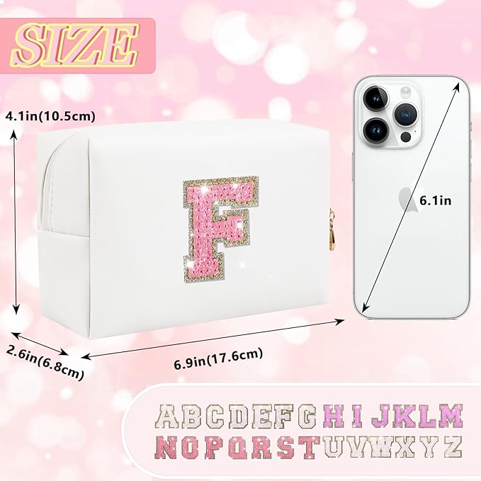 Personalized Initial Letter Makeup Bag, Preppy Glitter Letter Patch Cosmetic Pouch Zipper,PU Waterproof Travel Toiletry Bag Cute Makeup Organizer Monogrammed Make Up Bag,Gift for Women Girls(Letter F)