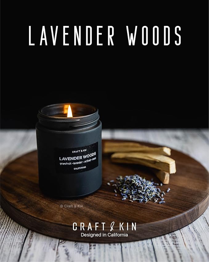 Craft & Kin Lavender Home Fragrance Bundle | Lavender and Wood Scented Candles + Lavender Room Spray | Men's Soy Candles & Room Freshener