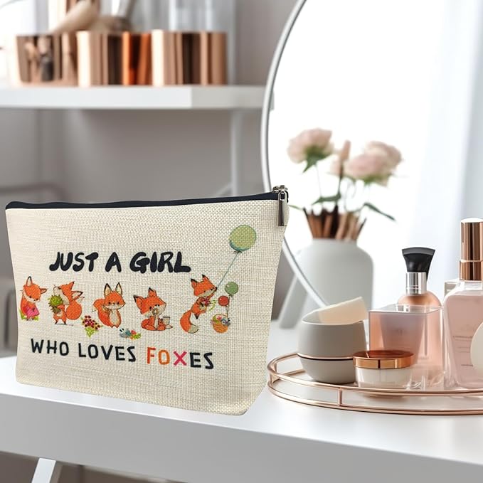 Fox Makeup Bags for Women, Cute Fox Themed Gifts for Girls, Just A Girl Who Loves Foxes Cosmetic Pouch for Mom Teens Daughter Sister Bestie, Funny Animal Lovers Stuff Birthday Christmas Decorations