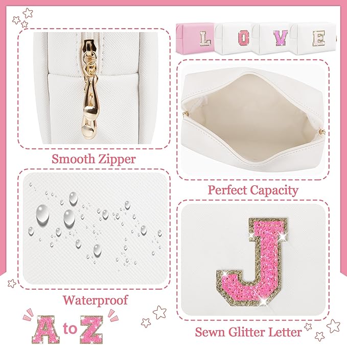 Initial Letter Patch Makeup Bag, Small Preppy A-Z Glitter Letter Cosmetic Bag, PU Leather Waterproof Travel Toiletry Bag, Cute Make Up Pouch Personalized Monogrammed Gift for Women Teen Girls