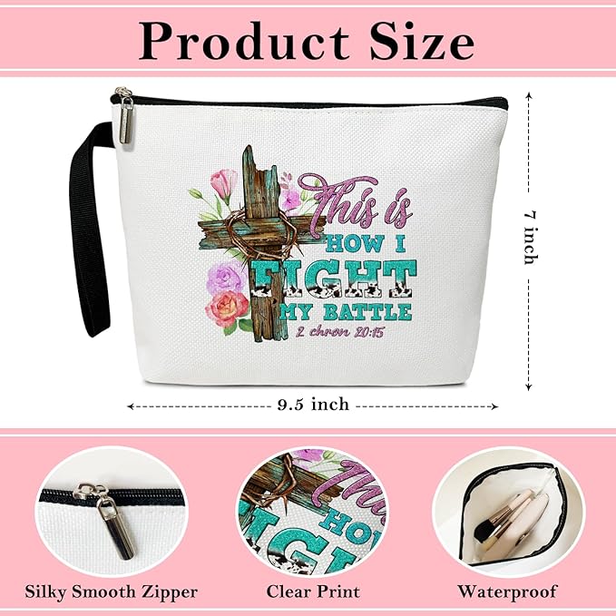 Christian Cosmetic Bag for Women, Floral Cross Makeup Bag Gifts for Friend Mother Coworker Travel Essentials Purse Toiletry Pouch Cosmetic Bag with Zipper(This is How I Fight my battle)