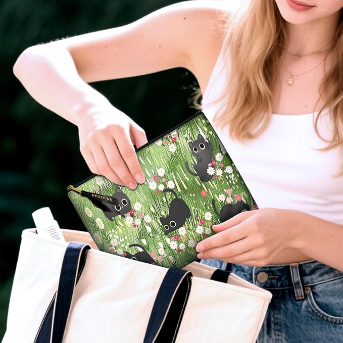 Cute Makeup Bag for Purse Waterproof Cosmetic Bags for Women Funny Smooth Zipper Travel Toiletry Pouch 10X8 Inches-Black Cat Floral Makeup pouch