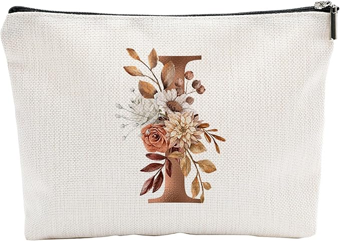A-Z Boho Personalized Cosmetic Bag-Floral Cotton Letter Makeup Bag With Zipper-Artistic Cosmetic Bag For Travel-Bride,Birthday Gift For Women Daughter Friends-Women Makeup Organizer-A09