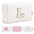 Small Personalized Initial A-Z Preppy Patch Makeup Bag,White PU Chenille Letter Travel Cosmetic Pouch with Zipper,Cute Toiletry Bag,Gift Ideal for Teen Girls Women Teacher Bridesmaid,Letter L