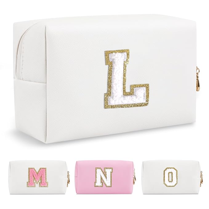 Small Personalized Initial A-Z Preppy Patch Makeup Bag,White PU Chenille Letter Travel Cosmetic Pouch with Zipper,Cute Toiletry Bag,Gift Ideal for Teen Girls Women Teacher Bridesmaid,Letter L