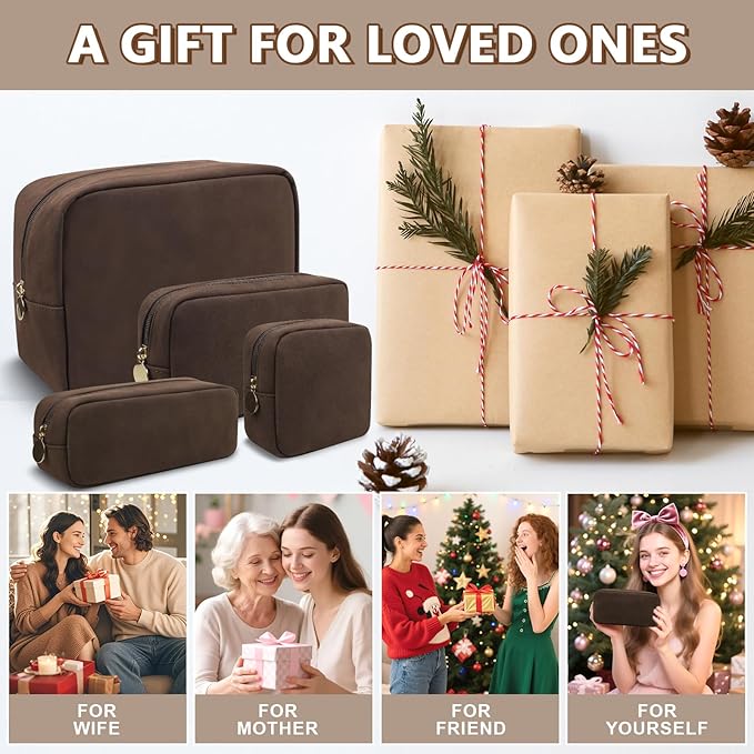 Waterproof Large Makeup Pouch,Suede Women Travel Toiletry Storage Preppy Cosmetic Bag for Girls,Big Makeup Organizer Bag Cute Zipper Pouch for Sport Work Gift(Large-Coffee)