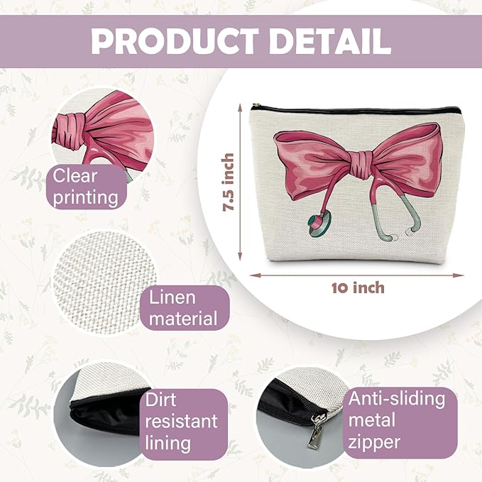 Pink Coquette Bow Stethoscope Nurse Makeup Bag, Nurse Gifts for Women Cosmetic Bags, Nurse Week Gifts Makeup Pouch, Nurse Appreciation Gifts Zipper Pouch