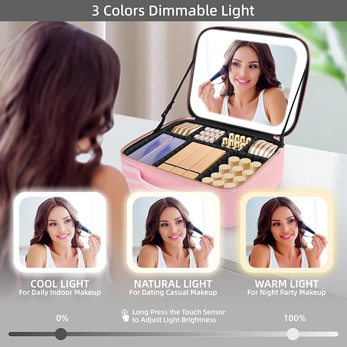 Makeup Case with Mirror and Lights, Travel Makeup Bag with Lighted Mirror, Make up Case with LED Mirror & Adjustable Dividers, Portable Cosmetic Organizer Bag Gift for Women(Pink)