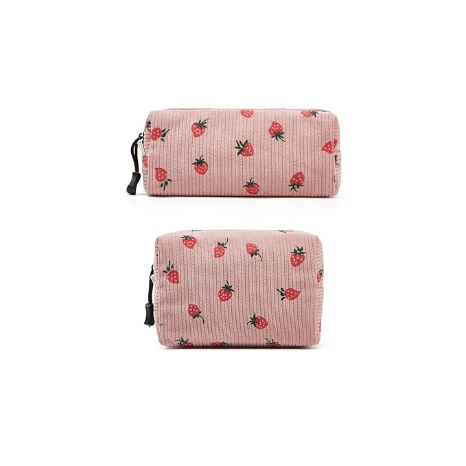 Makeup bag set small Cosmetic bag for women purse Corduroy Organizer with interior Pockets,cute Pencil zipper Pouch travel Toiletry Bag with handle((Strawberry Pink)