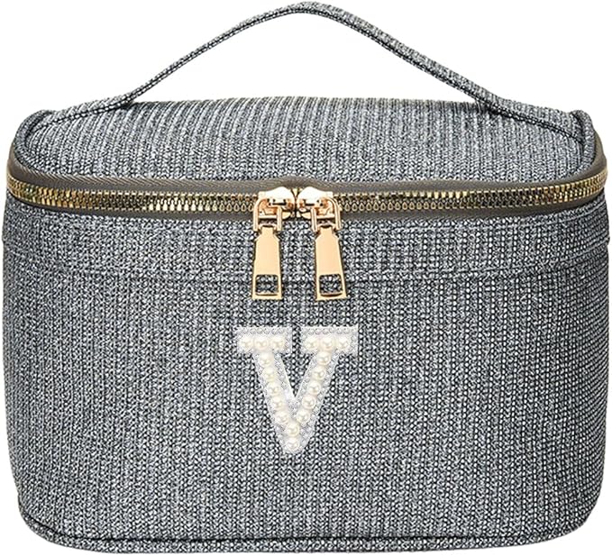 EURYNOME Makeup Bag with Custom Letter V, Water-Resistant Travel Organizer Pouch, (8.3x5.1x5.1 Inch) Cosmetic Case for Women