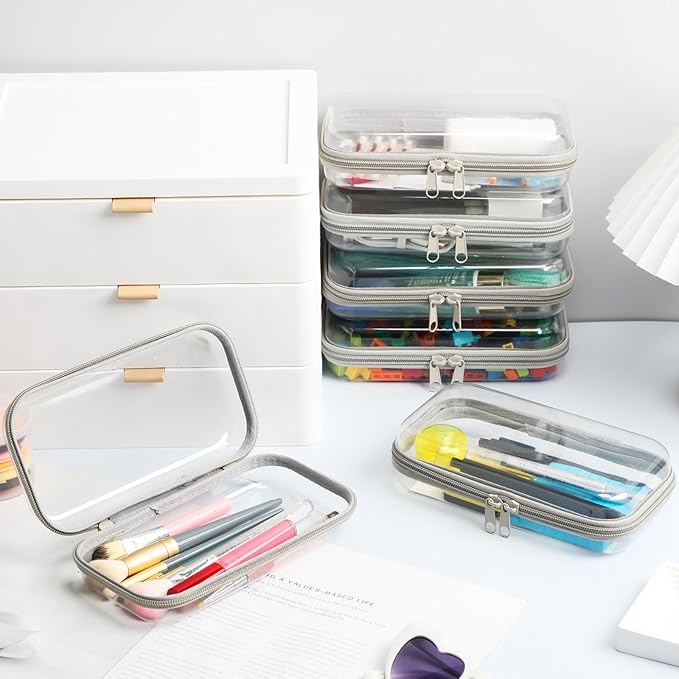 Sanwuta 6 Pcs Clear Hard Zipper Case Hard Plastic Zipper Pouches Makeup Bag Pencil Pouches Transparent Cases for Snacks Plastic Storage Organizer Box for Travel(Gray,7.48 x 3.94 x 2 Inch)