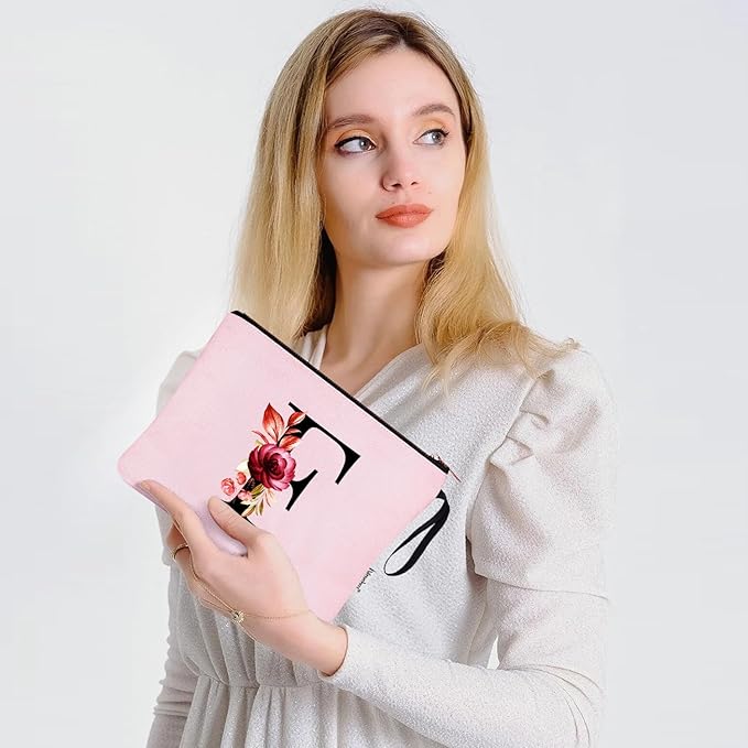 Vavabox A-Z Personalized Makeup Bag, Birthday Gifts for Women Mom, Gifts for Best Friend, Bride Bridesmaid Cosmetic bag (F, Pink)