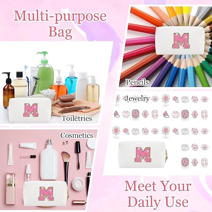 Small Personalized Glitter Initial Letter Makeup Bag, Cute PU Leather Chenille Letters Cosmetic Bag Travel Makeup Pouch, Preppy Travel Organizer Zipper Pouch for Women&Girls（WhiteRosePink-M）