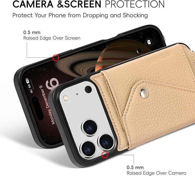 LUCKYCOIN Crossbody Wallet Phone Case for iPhone 17 Pro Max,100% Genuine Leather Wallet Phone Case with Expandable Flip Card Holder,Phone Purse for Women with Adjustable Removable Strap - Pebble Beige