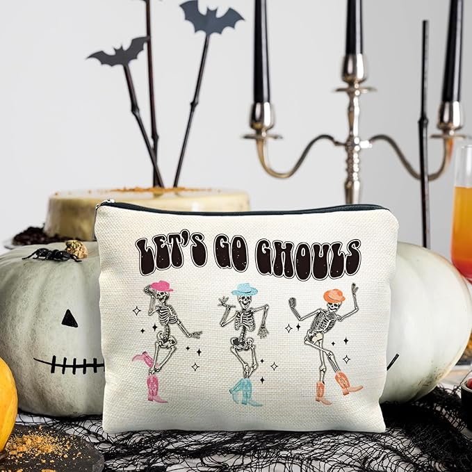 Halloween Makeup Pouch, Funny Skeleton Gothic Makeup Bag, Halloween Gifts for Women, Skull Witchy Cosmetic Pouch, Witch Stuff, Let's Go Ghouls Zipper Pouch