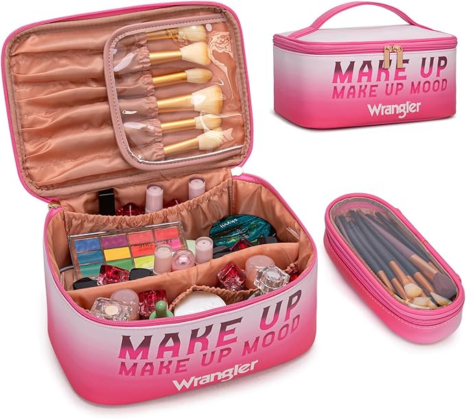 Montana West X Wrangler Travel Makeup Bag 2pcs Set Large Cosmetic Bag with Makeup Brush Holder Portable Make Up Organizer Cute Toiletry Bag with Divider and Handle for Women Gradient