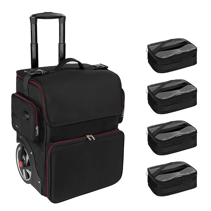 OCHEAL Large Makeup Train Case with 4 Clear Travel Makeup Bags Set, Cosmetic Makeup Case for Hairstylist, Hairdresser Storage Bag with Detachable Pouch,Heat Insulation and Anti-scalding Full layer