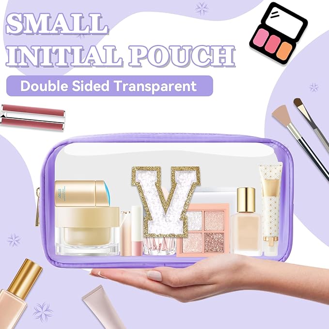 Small Clear Personalized Initial Makeup Bag,Preppy Nylon A-Z Chenille Letter Patch Makeup Organizer TSA Approved Travel Toiletry Bag,Waterproof Zip Beach Cosmetic Pouch Purse for Women(Purple-White V)