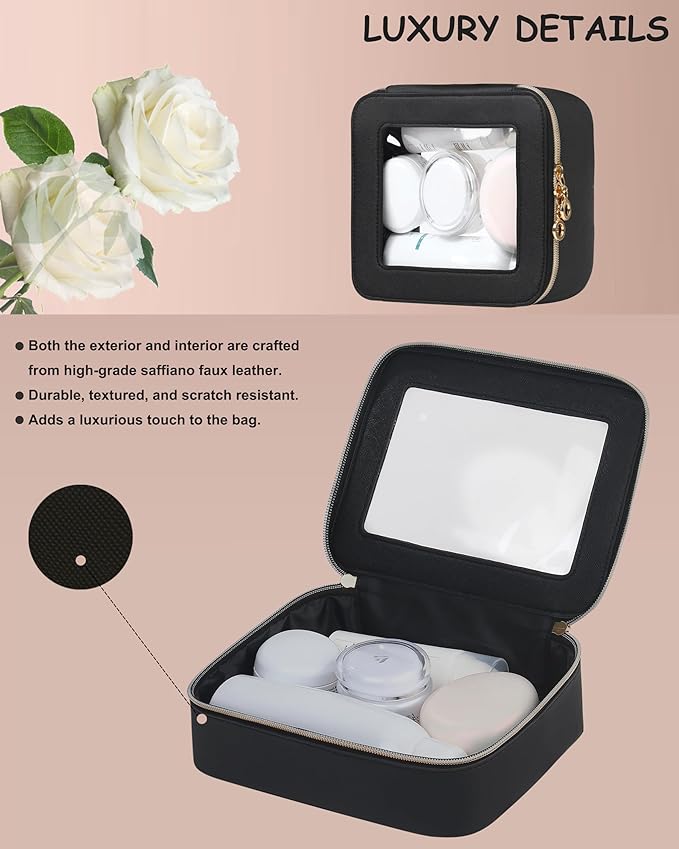 Small Clear Makeup Bag for Purse, Cute Mini Clear Cosmetic Bag Case Organizer, TSA Approved Square Small Makeup Case Pouch with Zipper, Car Travel Purse Essentials for Women (Black,S)