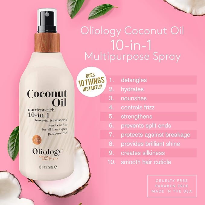 Oliology Coconut Oil 10-in-1 Multipurpose Spray - Leave in Treatment for All Hair Types | Detangles, Controls Frizz, Hydrates & Moisturizes | Made in USA, Cruelty Free & Paraben Free (8.5 oz, 2 Pack)