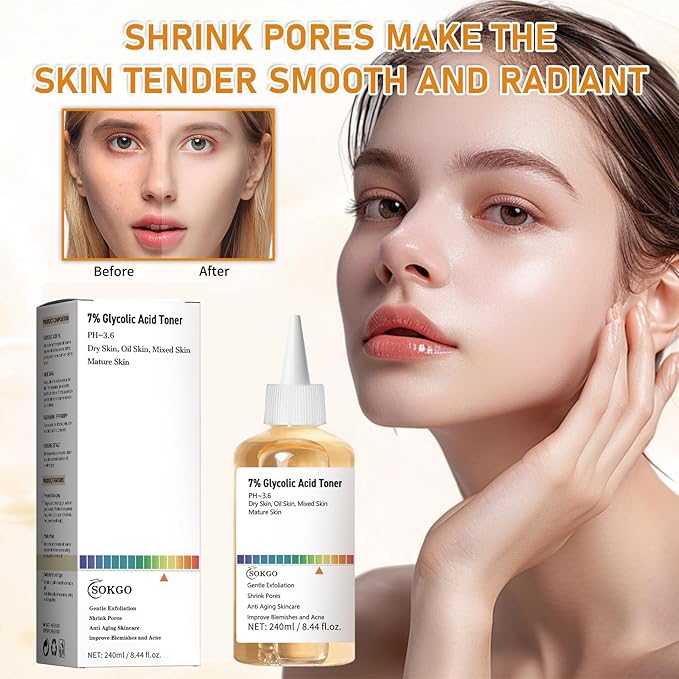 7% Glycolic Acid Exfoliating Toner, Exfoliating Facial Toner, Pore Minimizing Toner, Smooth Skin, Even Tone, Hydrating Formula