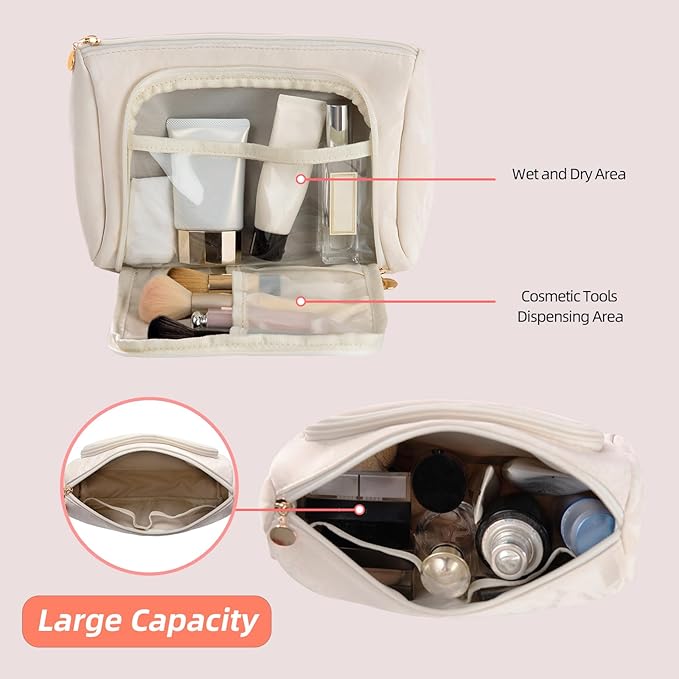 Cosmetic Bag Travel Makeup Bag Large Capacity Small Travel Zipper Pouch Makeup Organizer Bag for Women (White-2 Pack)