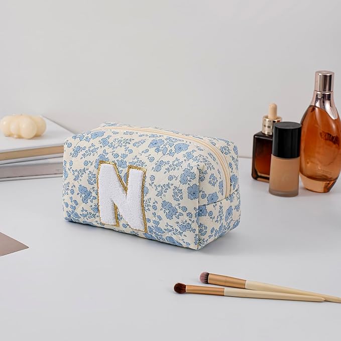 Gleyemor Personalized Initial Makeup Bag for Women, Cute Quilted Blue Floral Cotton Cosmetic Bag, Christmas Gifts for Her Mom Friend Sister Bridesmaid Teacher Women N