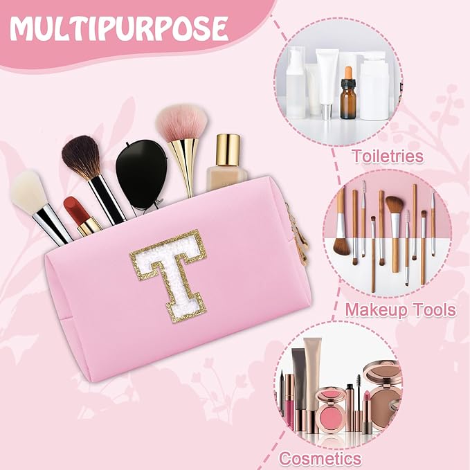 Personalized Small Travel Preppy Makeup Bag, Chenille Letter Pink Cute Makeup Bag Initial Cosmetic Pouch Toiletry Organizer, PU Leather Waterproof Makeup Storage Teacher Appreciation Gifts(Letter T)