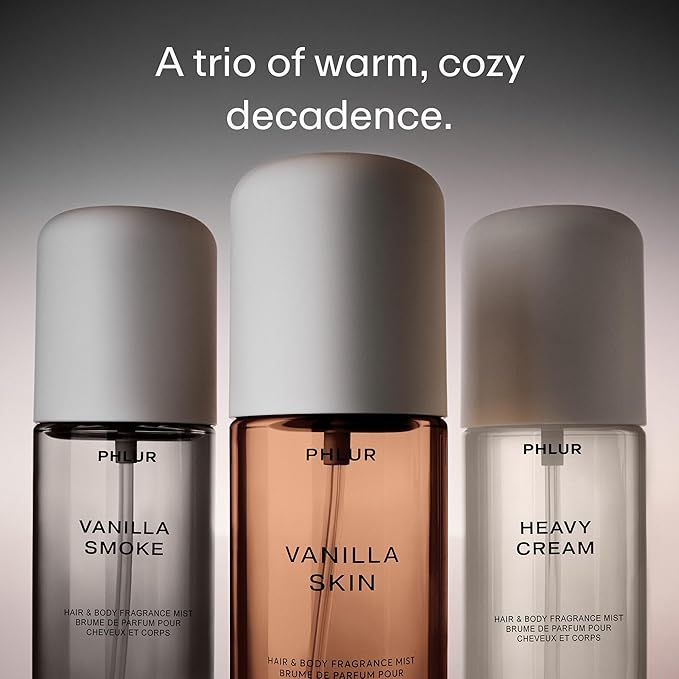 PHLUR Decadent Layering Set - Travel Size Body Mist Gift Set - Vanilla Smoke, Vanilla Skin, & Heavy Cream - Travel Size Hair and Body Fragrance Mist Trio (3 x 3 fl oz)