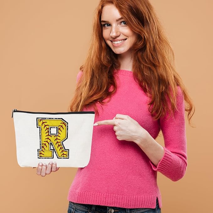 Initial Makeup Bag Monogrammed Cosmetic Bag Yellow Letter R Zipper Pouch Softball Accessories for Girls Women Player Coach Friend Graduation Birthday Gifts