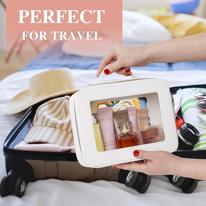Pinkmik Clear Makeup Bag with Brush Bag 3pcs Waterproof Travel Case for Cosmetics and Toiletries Women's Makeup Organizer with Zipper (White, L+M+SLIM)