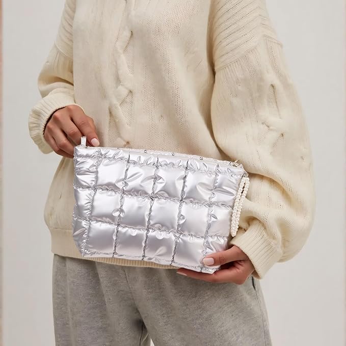 Puffer Quilted Makeup Bag Travel Cosmetic Bag Portable Puffy Checkered Toiletry Pouch Skincare Organizer Purse Pencil Case (Silver)