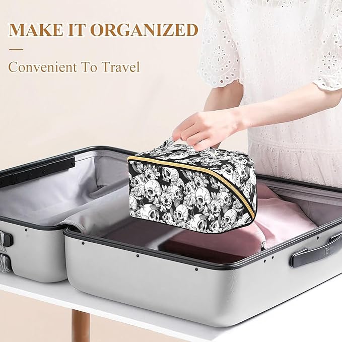 Makeup Organizer Bag, Skull and Flowers Travel Makeup Bags Makeup Vanity Case Large Capacity Rhombus Cosmetic Toiletry Bag for Girl Women Ladies
