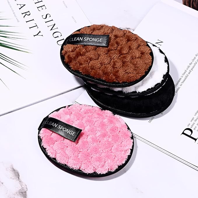 Vtrem 4 Colors Reusable Makeup Remover Pads Soft Facial Cleaning Puffs Towels Face Eye Lip Remover Pads Double-Side Washable Make Up Removing Cloth Microfiber, White/Pink/Brown/Black