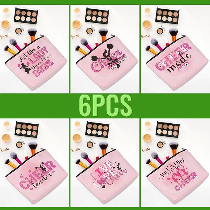 Cheerleader Gifts, 6 Pcs Cheer Makeup Bag Cheer Gifts Cheer Stuff Cosmetic Bag Cheerleading Gifts for Women Girls Sisters Teammates Travel Toiletry Bag, Graduation Birthday Gifts Cheer Team Gifts