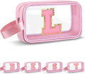 Initial Makeup Bag,Letter L Cute Clear Monogrammed Cosmetic Travel Bag for Womens Girls,Personalized Pink Aesthetic Traveling Make Up Organizer Bag for Beach,Waterproof Toiletry Bag
