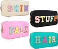 4PCS Nylon Zipper Waterproof Preppy Makeup Organizer Bag Set - Cosmetic Stuff Pouch for Women Travel Toiletry Organization Outdoor with Chenille Letter Patches