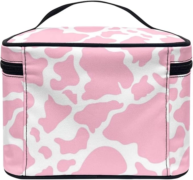 JoyLamoria Pink Cow Print Cosmetic Bag Portable Makeup Case Tote Pouch Accessories
