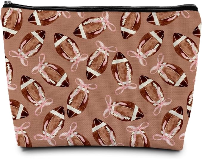 Coquette Pink Bow Football Makeup Bag, Football Lovers Gifts Cosmetic Bags for Women, Sports Player Fan Gifts Portable Travel Toiletry Bag Zipper Makeup Pouch
