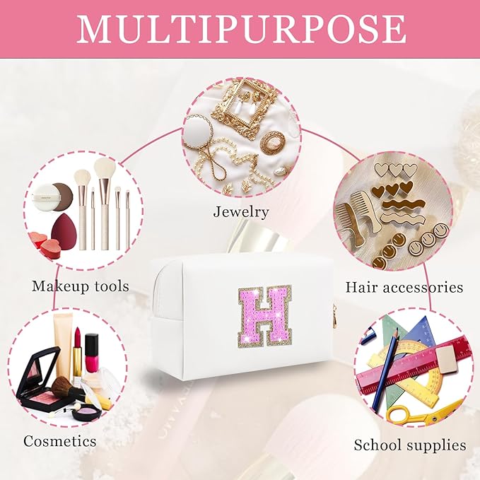 Personalized Initial Letter Makeup Bag, Small Glitter Letter Patch Cosmetic Pouch Zipper, Preppy Makeup Organizer PU Waterproof Travel Toiletry Bag, Monogrammed Birthday Gift for Women Girls